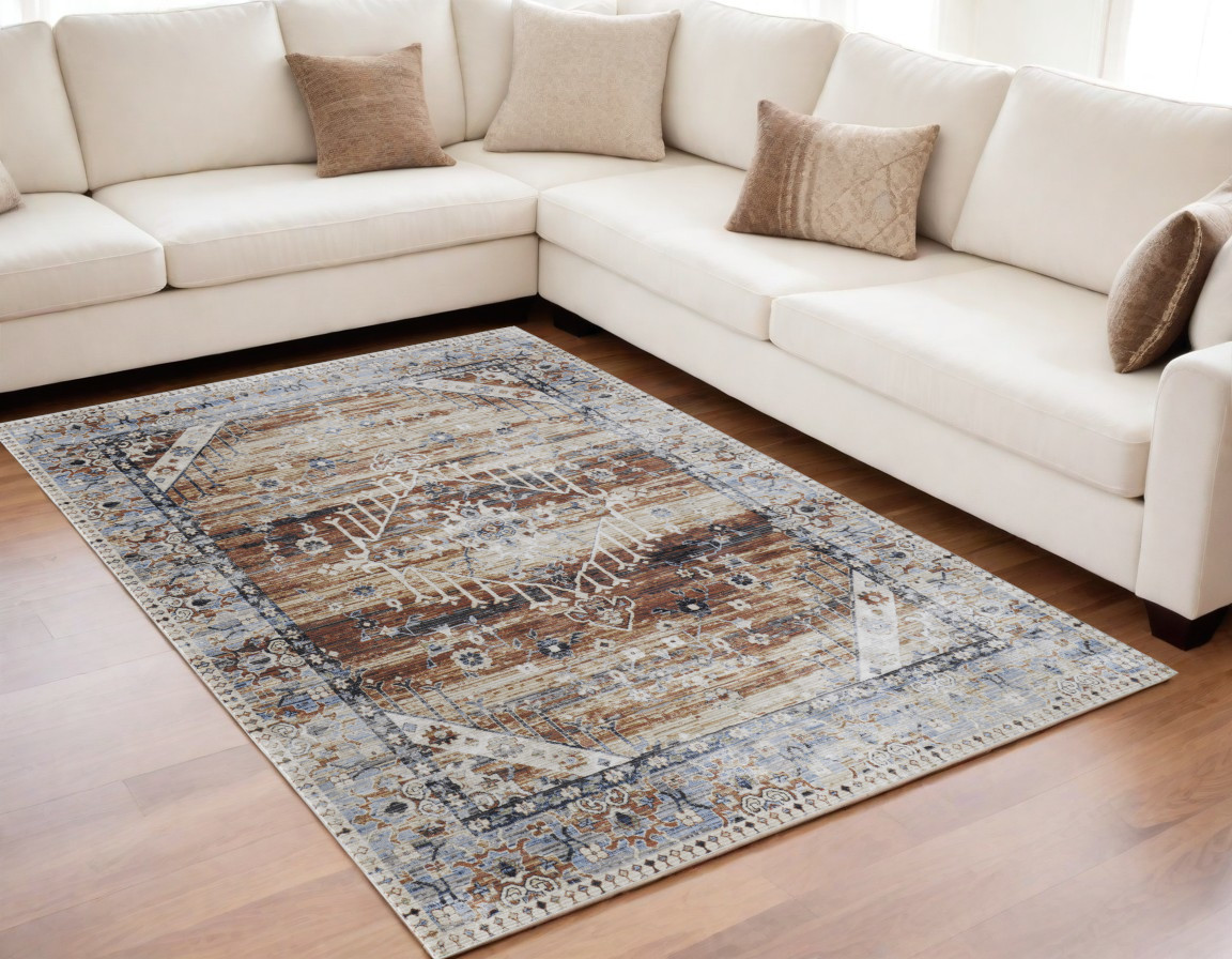 567385 5 x 8 ft. Abstract Power Loom Worn Faded Rectangle Area Rug, Ivory, Red & Blue