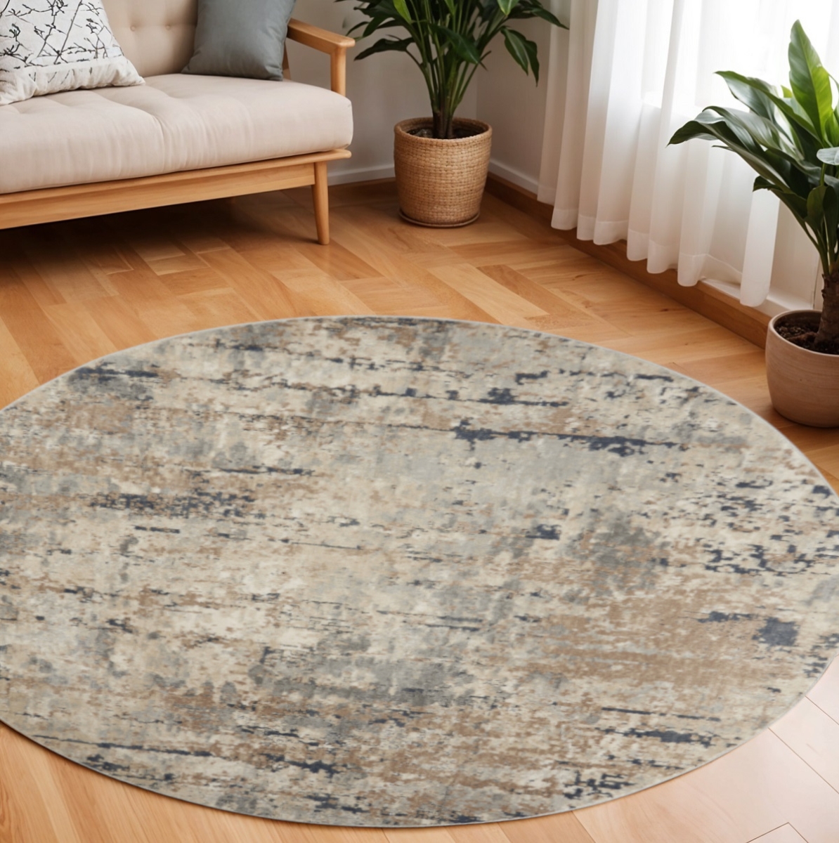 545131 10 ft. Round Abstract Power Loom Area Rug, Beige & Gray