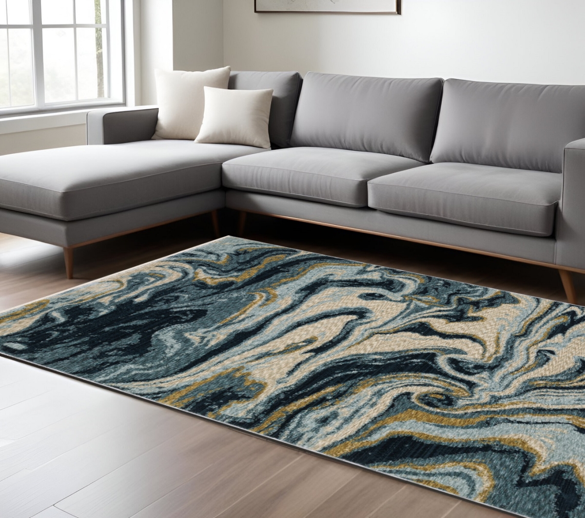 575028 8 x 11 ft. Abstract Rectangle Area Rug with Fringe, Navy Blue & Teal