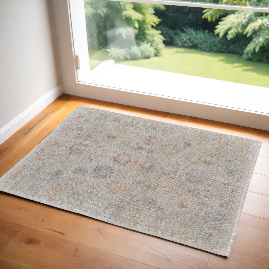 566227 2 x 3 ft. Floral Hand Woven Distressed Rectangle Area Rug with Fringe, Tan, Brown & Blue