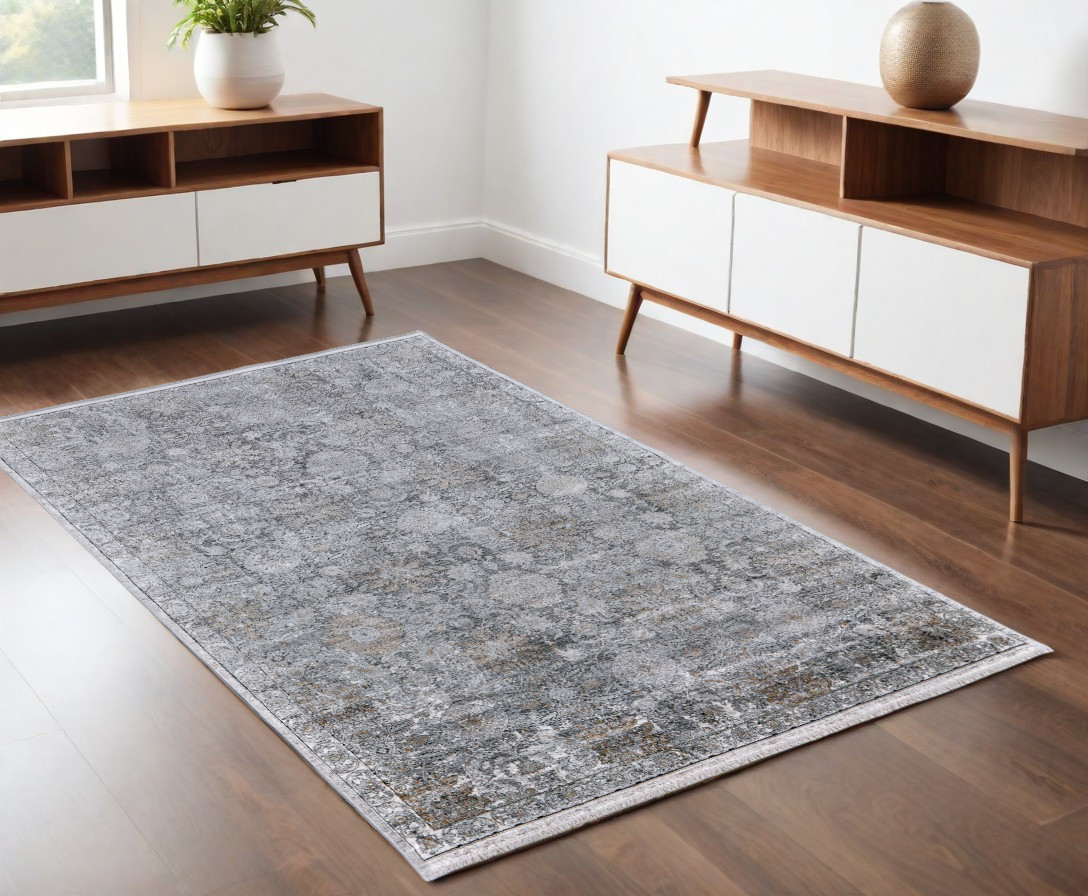 566349 4 x 5 ft. Damask Power Loom Worn Faded Rectangle Area Rug, Gray & Silver