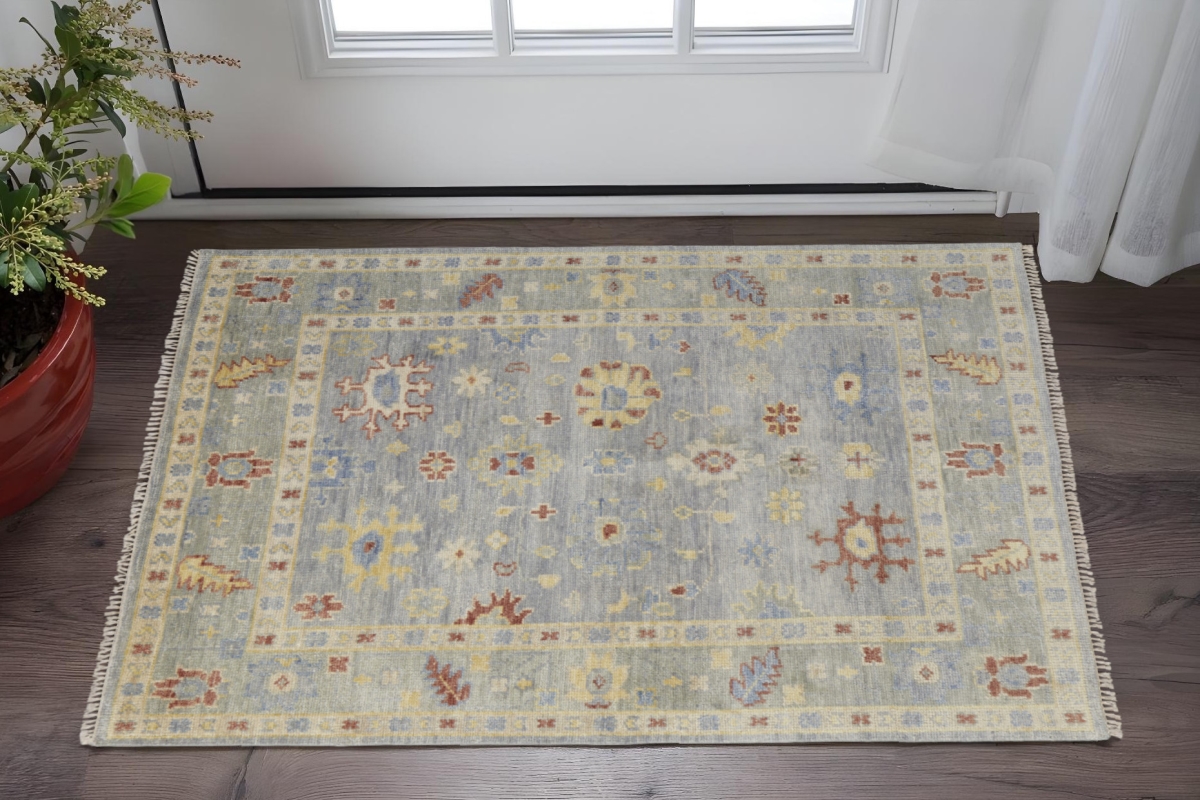 567115 2 x 3 ft. Wool Floral Hand Knotted Rectangle Area Rug with Fringe, Light Blue & Taupe