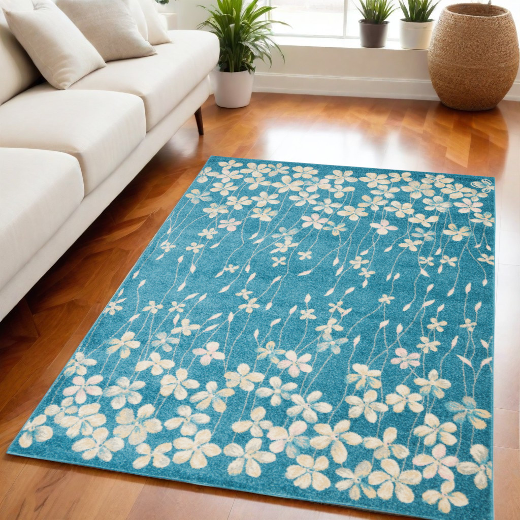 550853 5 x 7 ft. Floral Rectangle Area Rug - Turquoise & Cream