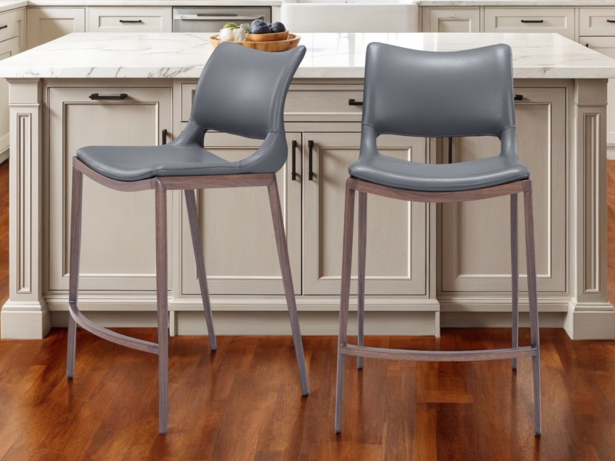 555688 25 in. Dark Gray & Brown Faux Leather & Steel Low Back Counter Height Bar Chairs - Set of 2