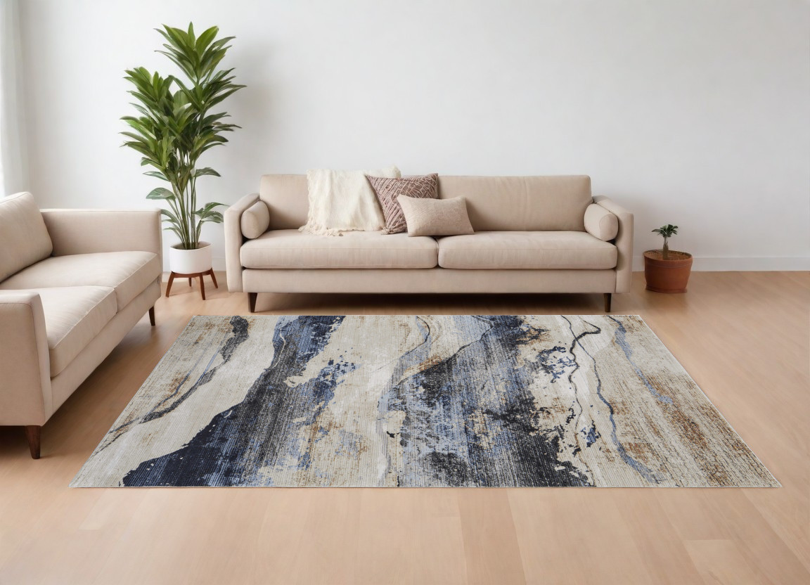567716 9 x 13 ft. Abstract Power Loom Rectangle Area Rug, Blue, Gray & Tan