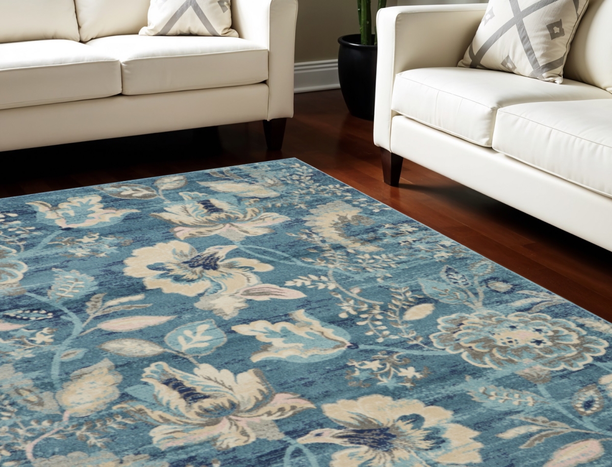 551395 9 x 12 ft. Floral Distressed Rectangle Area Rug - Turquoise, Cream & Navy Blue