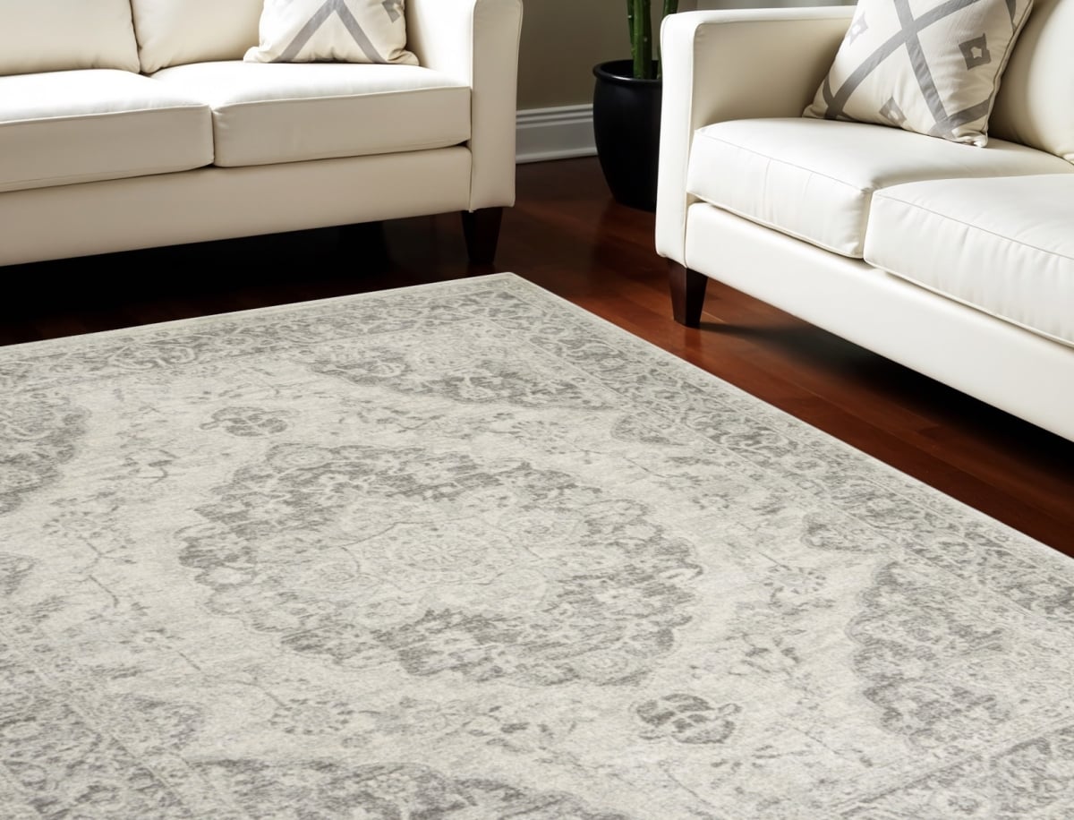 551165 8 x 10 ft. Floral Medallion Distressed Rectangle Area Rug, Ivory & Gray
