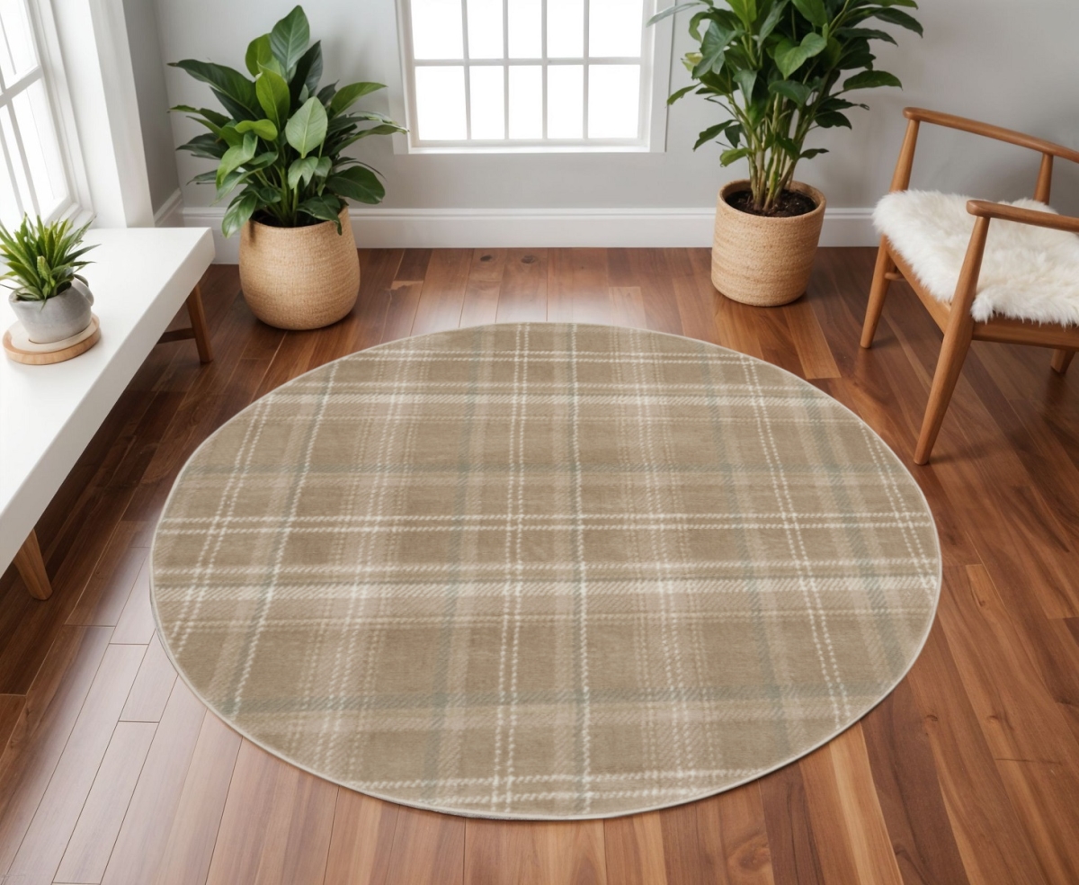 569864 8 ft. Plaid Power Loom Round Rug, Taupe & Ivory