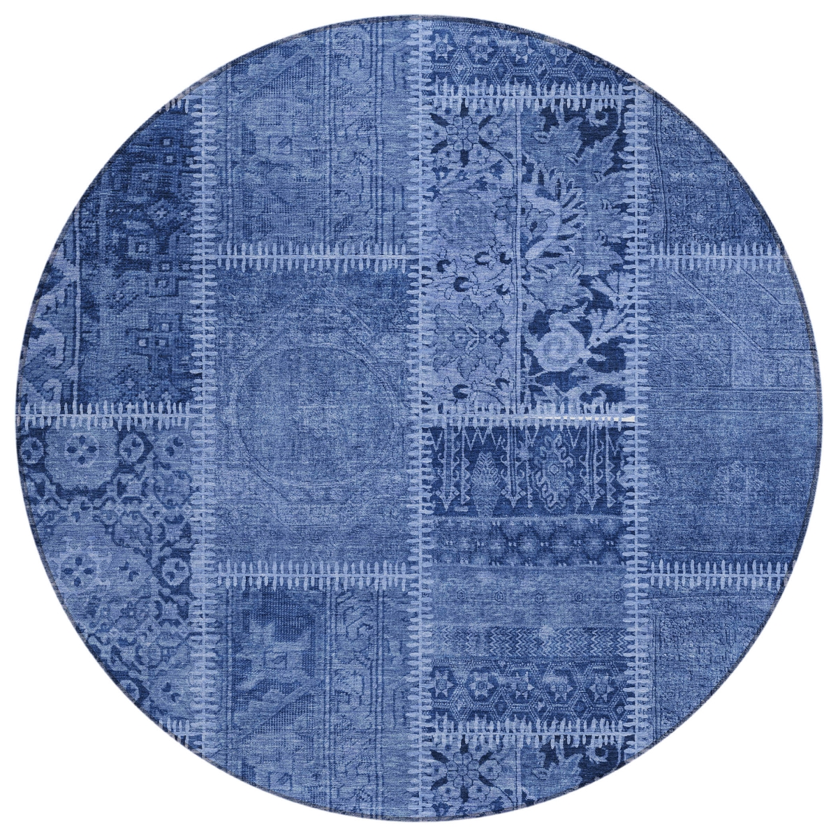 579387 8 ft. Round Patchwork Washable Indoor & Outdoor Area Rug, Navy Blue & Denim Blue