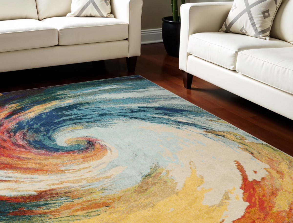 550748 7 x 10 ft. Abstract Non Skid Rectangle Area Rug, Ivory, Blue & Orange