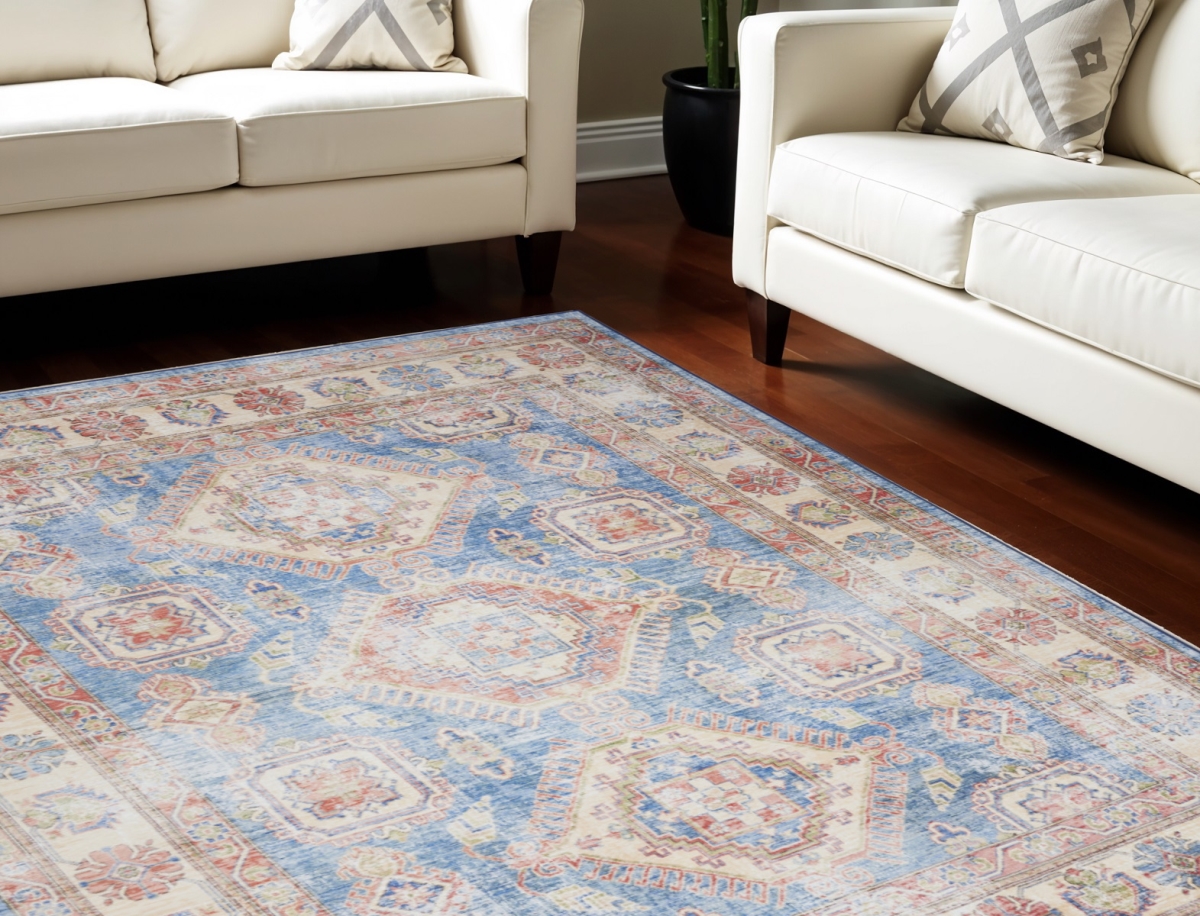 550532 8 x 10 ft. Medallion Distressed Non Skid Rectangle Area Rug, Ivory, Red & Blue