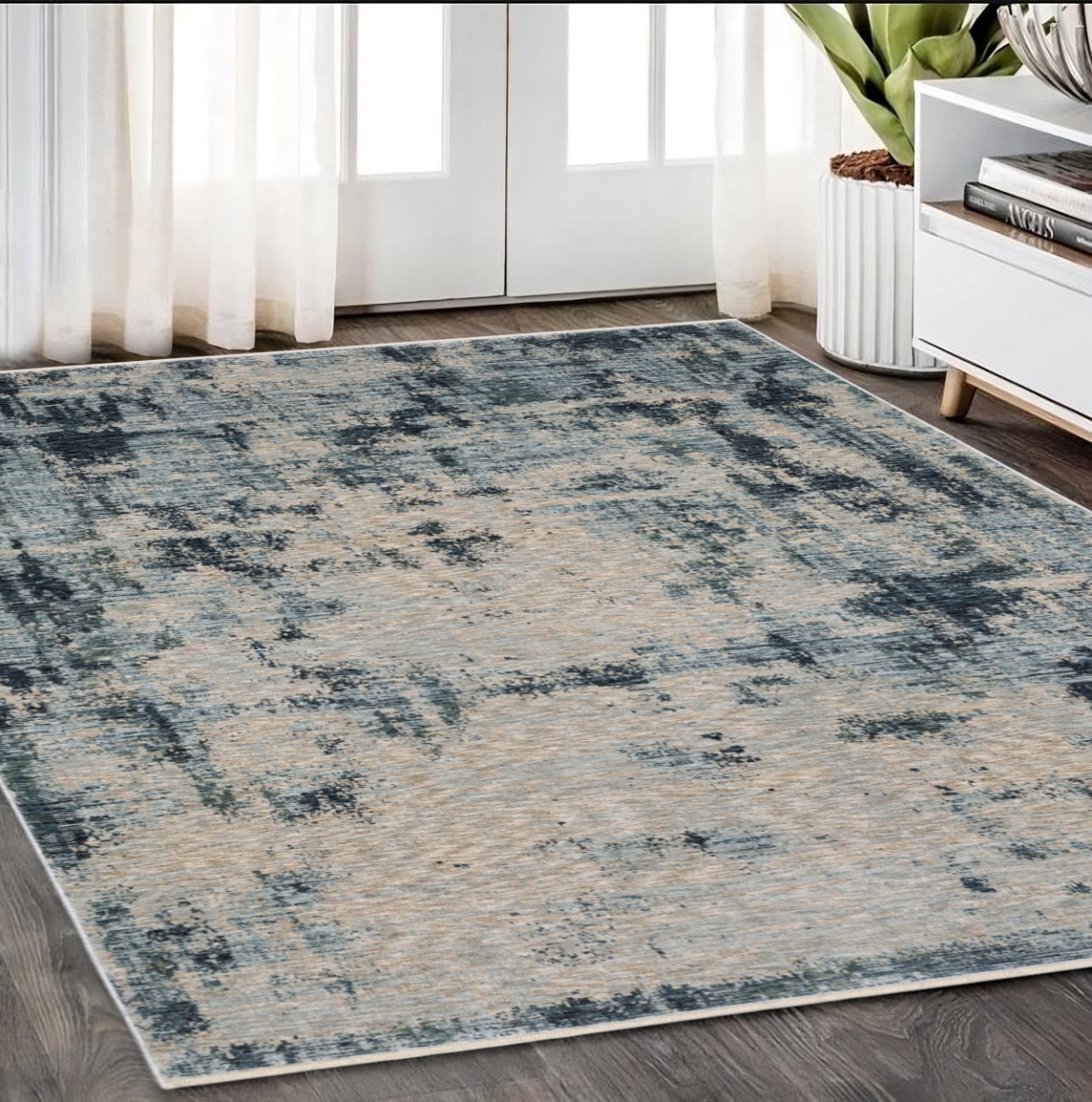 574761 5 x 8 ft. Abstract Distressed Rectangle Area Rug with Fringe, Beige & Blue