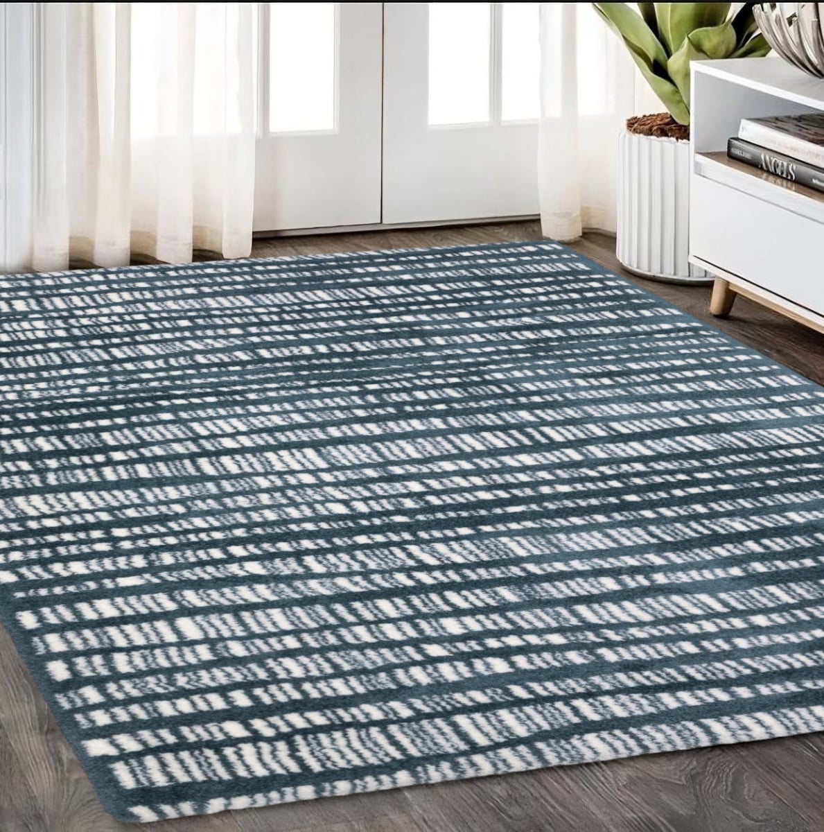 575033 5 x 8 ft. Striped Distressed Rectangle Area Rug, Teal & Ivory