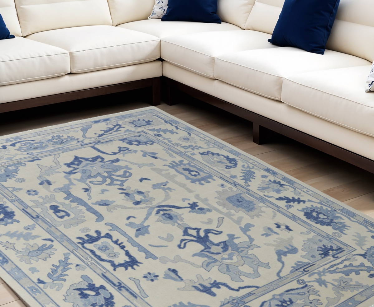 566301 8 x 12 ft. Wool Floral Hand Knotted Rectangle Area Rug with Fringe, Ivory & Blue