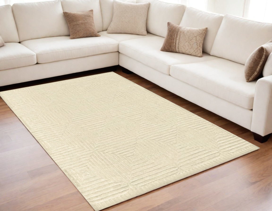 565478 6 x 9 ft. Wool Geometric Hand Knotted Rectangle Area Rug, Ivory
