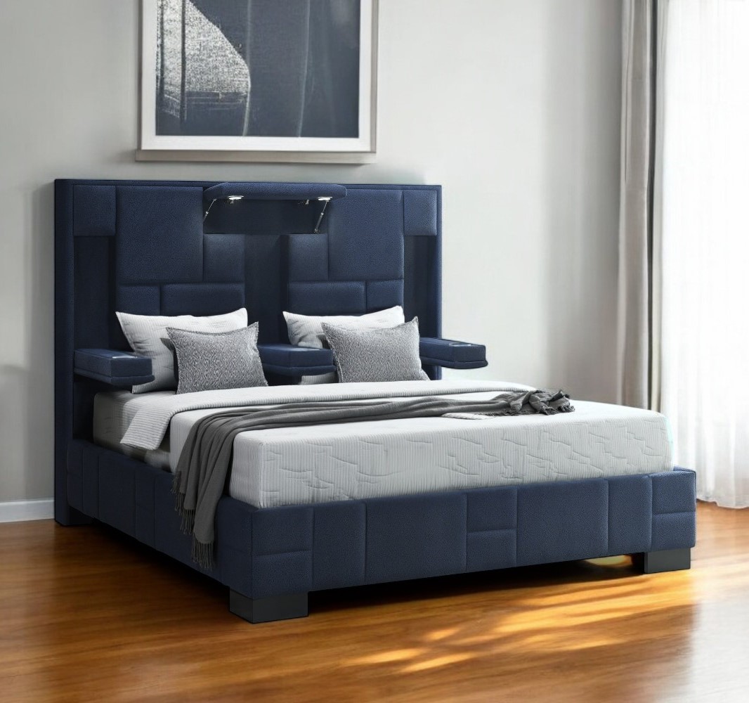 564741 Navy Blue & Upholstered Lighted Queen Size Bed Frame with USB