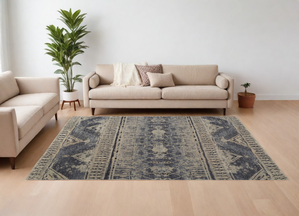 567519 9 x 13 ft. Wool Floral Hand Knotted Rectangle Area Rug, Gray, Blue & Ivory