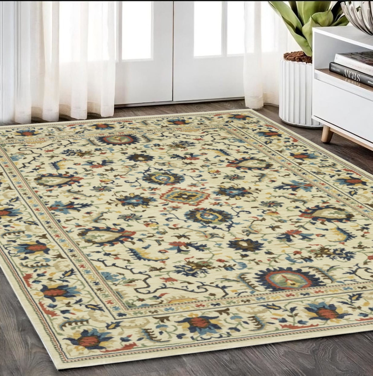 574617 5 x 8 ft. Oriental Rectangle Area Rug with Fringe, Ivory, Blue & Orange