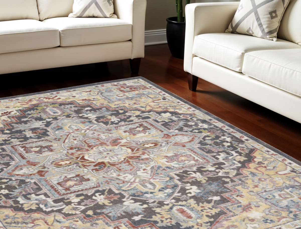 551338 8 x 10 ft. Floral Distressed Rectangle Area Rug, Charcoal, Brown & Yellow