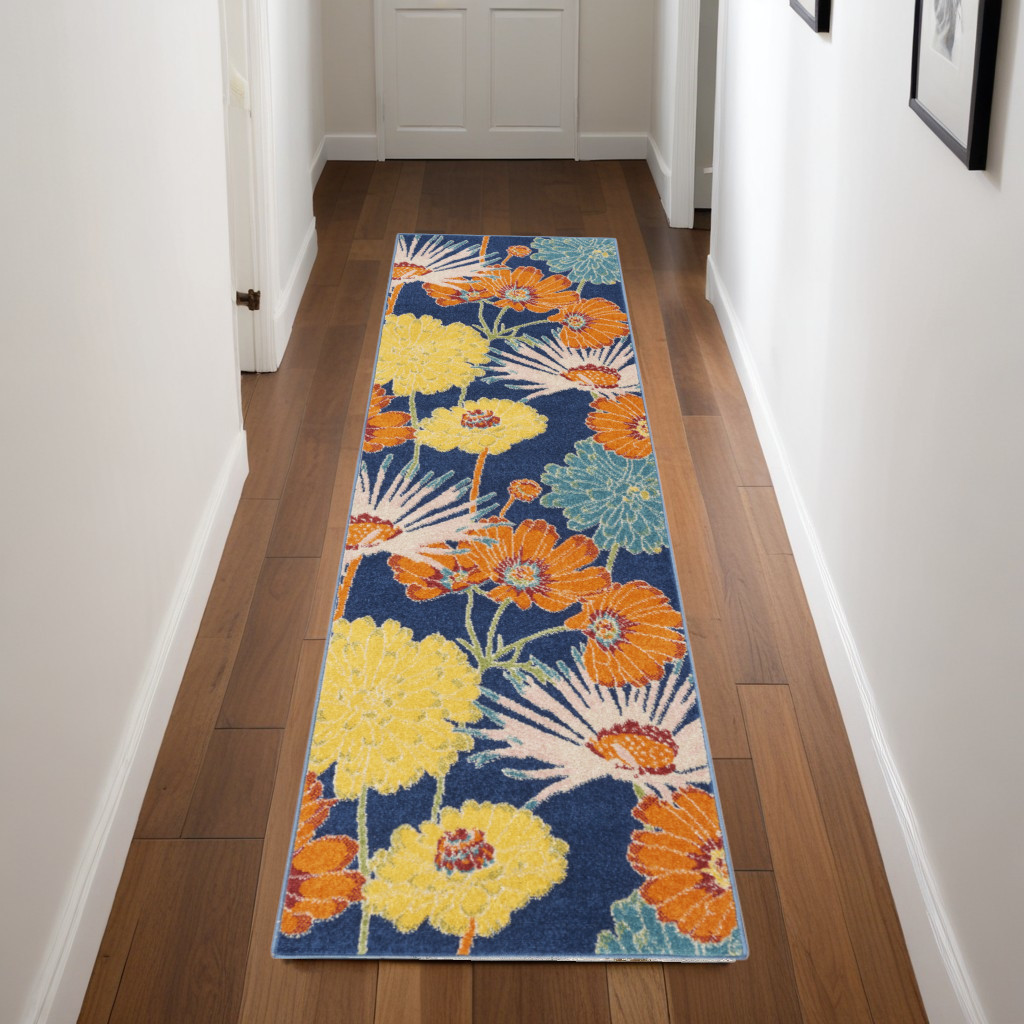 564063 8 ft. Floral Power Loom Runner Rug, Blue