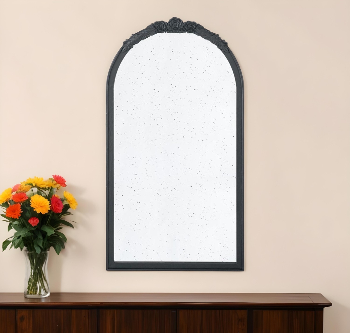 485096 42 in. Black Crowned Top Antiqued Glass Arch Framed Accent Mirror