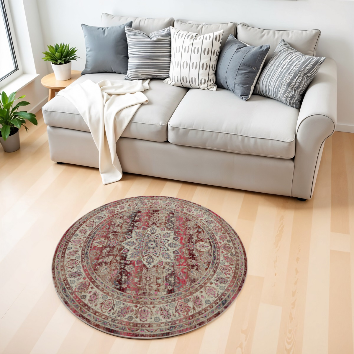 552457 4 ft. Floral Distressed Round Rug, Ivory & Red
