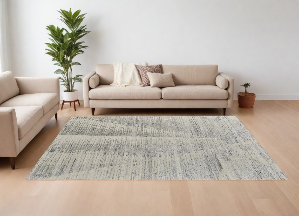 566654 8 x 10 ft. Abstract Hand Knotted Worn Faded Rectangle Area Rug, Ivory & Gray