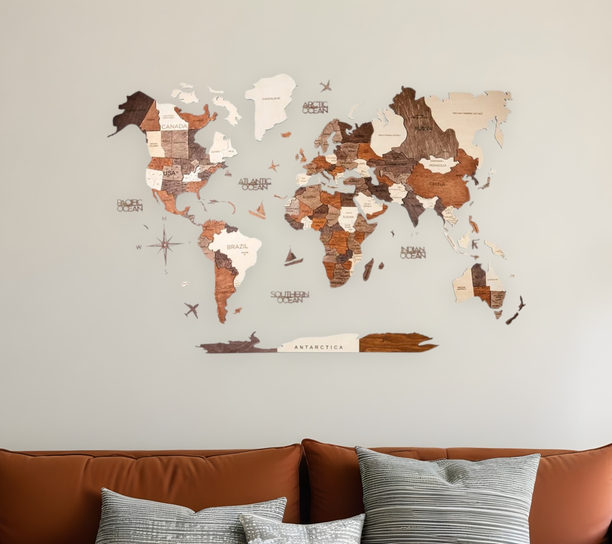 Picture of HomeRoots 521578 35 x 59 in. Brown & Beige Wood World Map Hanging Dimensional Sculpture