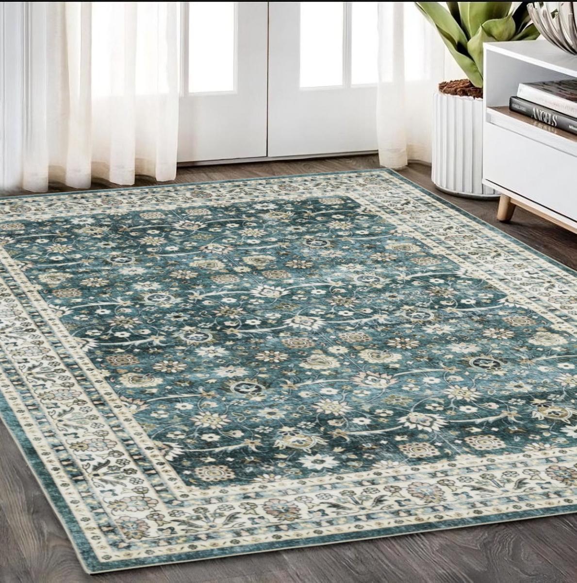 574716 5 x 7 ft. Oriental Distressed Rectangle Area Rug, Teal & Ivory