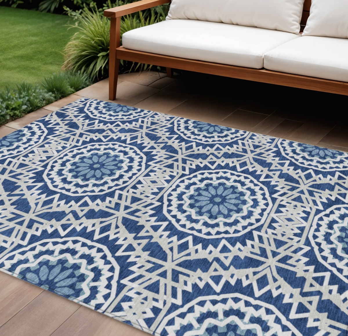 578649 8 x 10 ft. Floral Medallion Washable Indoor & Outdoor Rectangle Area Rug, Navy Blue, Ivory & Gray