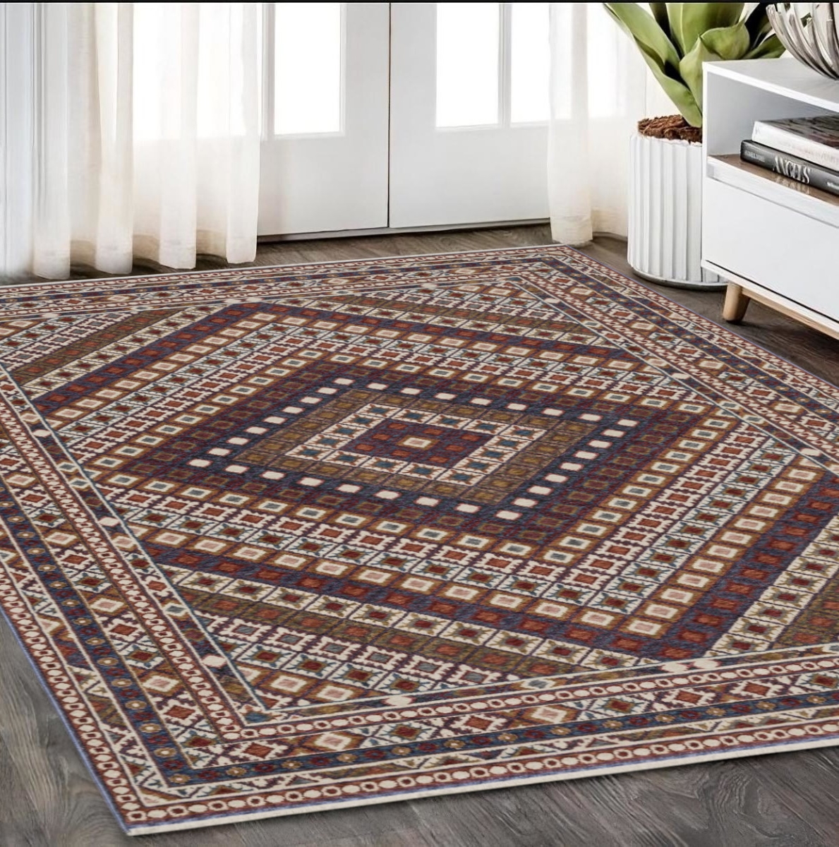 574945 5 x 8 ft. Diamond Rectangle Area Rug with Fringe, Ivory, Red & Tan
