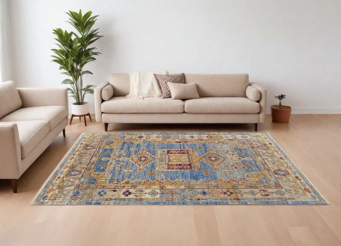 567088 10 x 14 ft. Wool Geometric Hand Knotted Rectangle Area Rug with Fringe, Blue, Red & Yellow