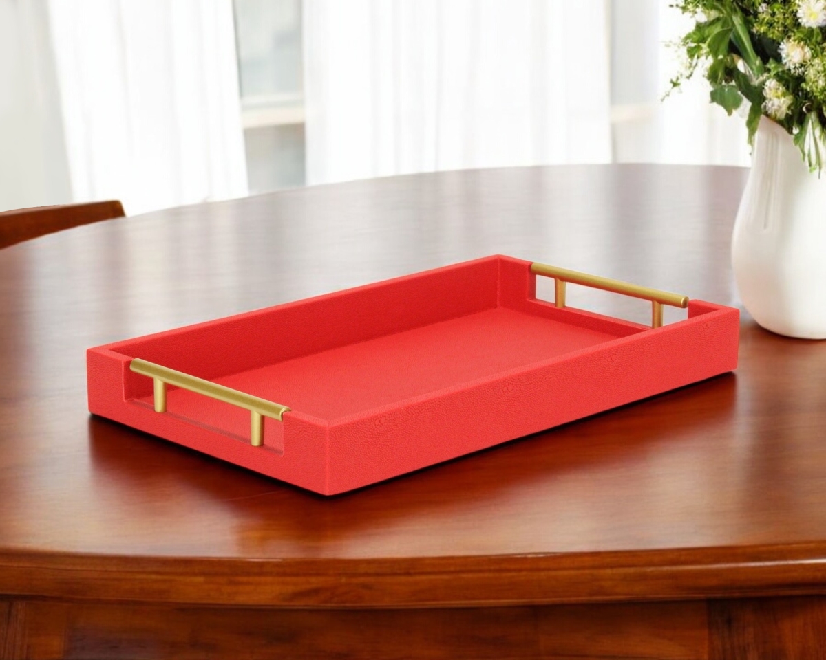 Picture of HomeRoots 571242 16 in. Red Wood & Vinyl Faux Shagreen Handmade Serving Tray with Handles