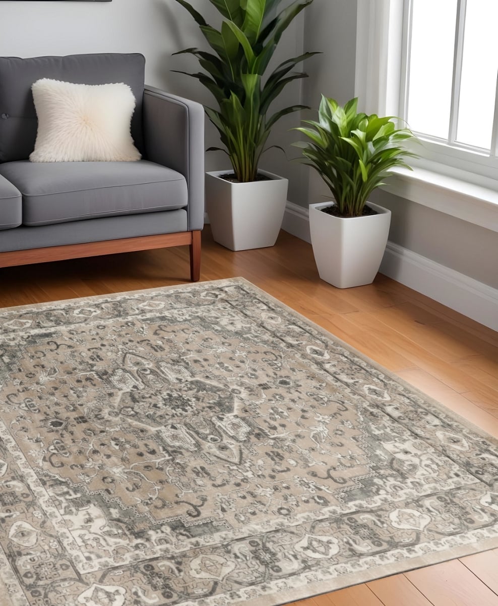 545147 5 ft. Beige & Gray Square Medallion Power Loom Distressed Area Rug
