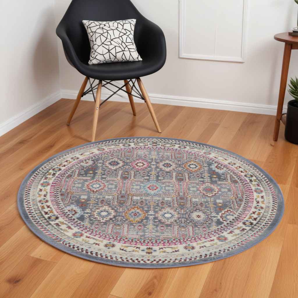 552346 6 ft. Floral Distressed Round Rug, Ivory, Pink & Gray