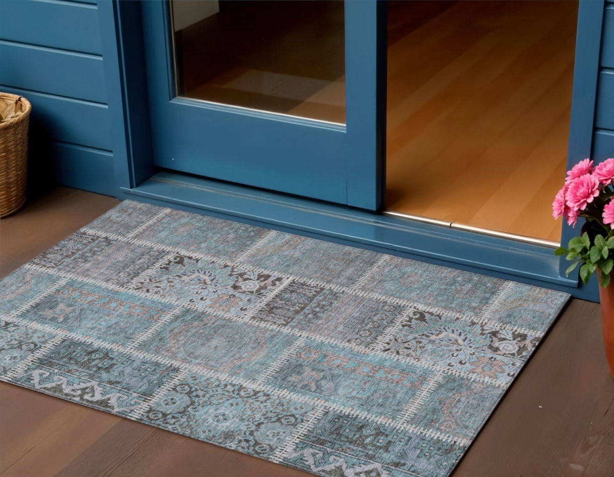 579397 3 x 5 ft. Patchwork Washable Indoor & Outdoor Rectangle Area Rug, Teal Blue, Aqua & Beige