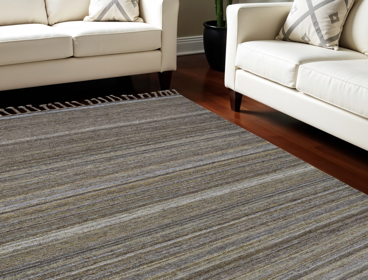565854 9 x 12 ft. Wool Striped Hand Woven Rectangle Area Rug with Fringe, Gray & Green