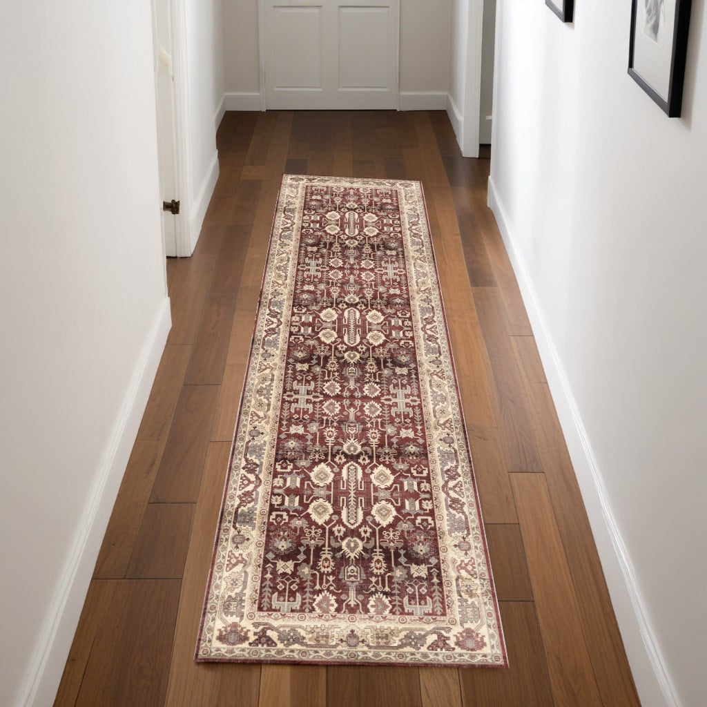 546494 8 ft. Oriental Distressed Non Skid Runner Rug, Red & Ivory