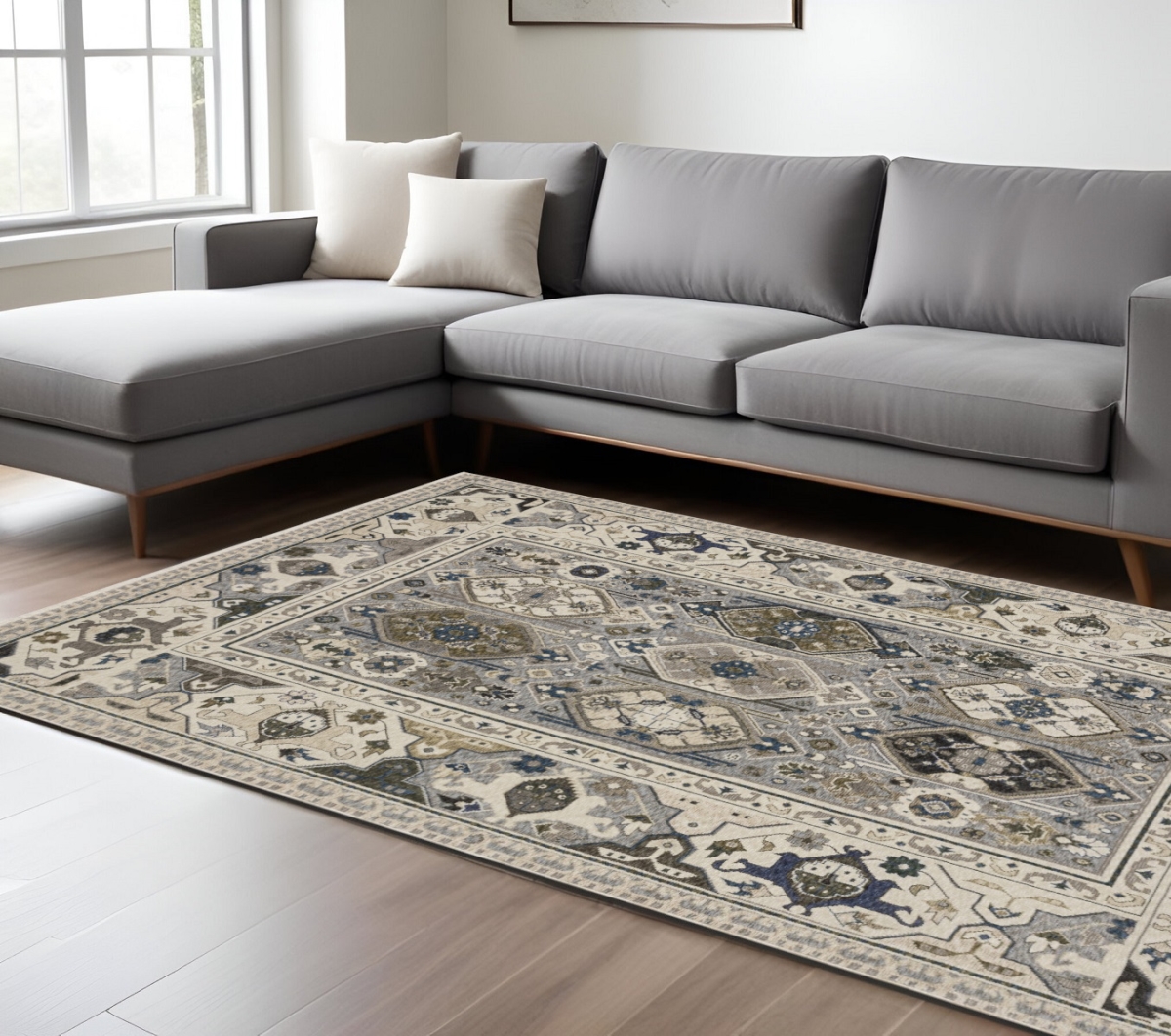 574943 7 x 10 ft. Oriental Rectangle Area Rug with Fringe, Ivory & Blue
