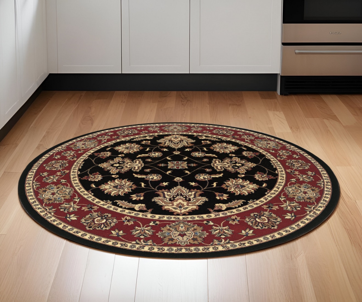 574188 6 ft. Floral Power Loom Round Rug, Black & Red