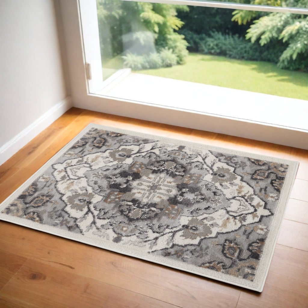 556220 2 x 3 ft. Floral Non Skid Rectangle Area Rug, Ivory, Black & Gray