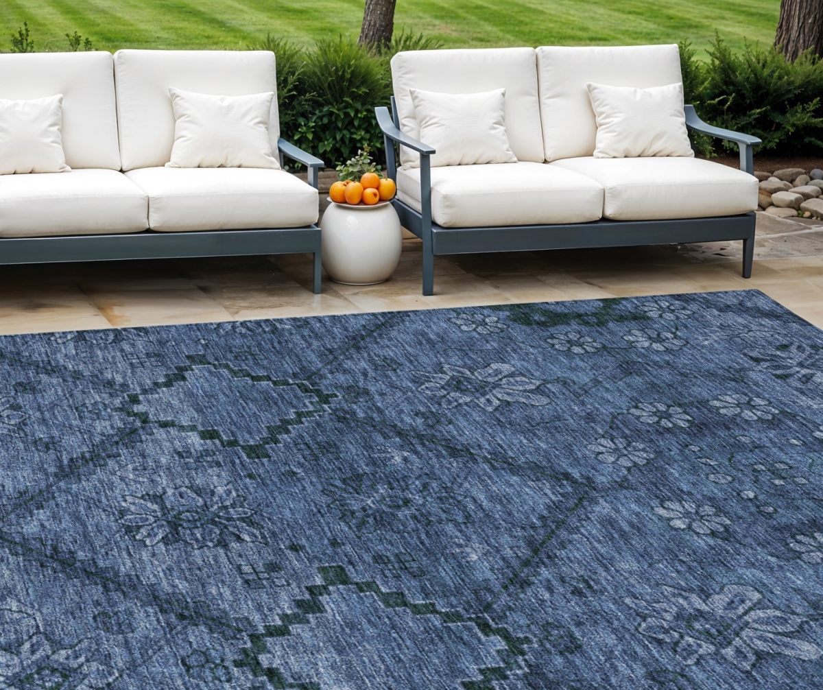 588899 10 x 14 ft. Floral Washable Indoor & Outdoor Rectangle Area Rug, Navy Blue & Denim Blue