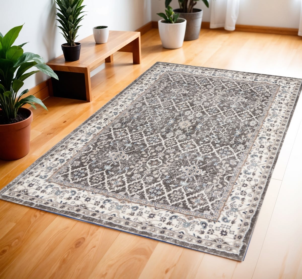 569622 4 x 6 ft. Floral Power Loom Rectangle Area Rug, Gray