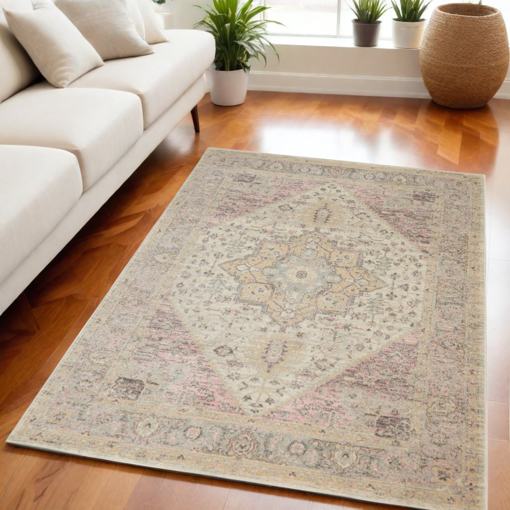 550893 5 x 7 ft. Floral Distressed Rectangle Area Rug, Ivory, Pink & Gray