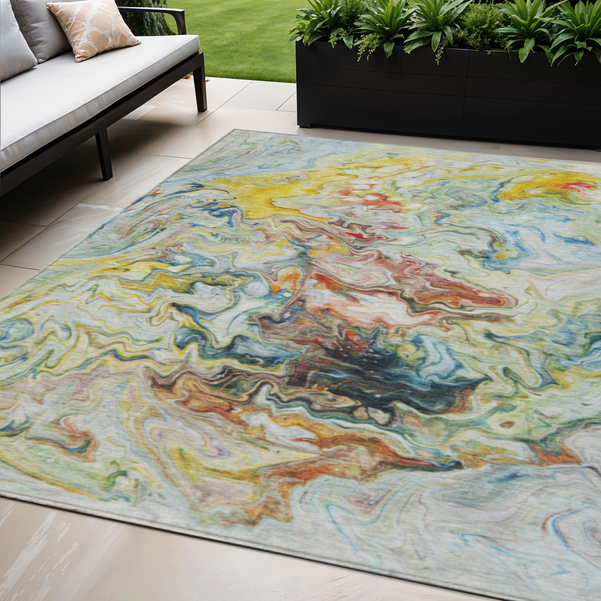 577963 5 x 8 ft. Abstract Washable Indoor & Outdoor Rectangle Area Rug, Ivory, Blue & Yellow