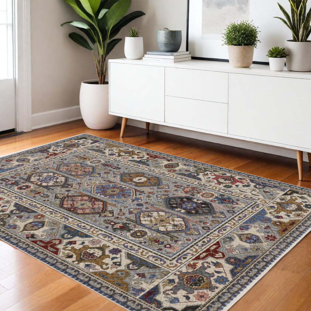 574937 4 x 6 ft. Oriental Rectangle Area Rug with Fringe, Blue & Gray