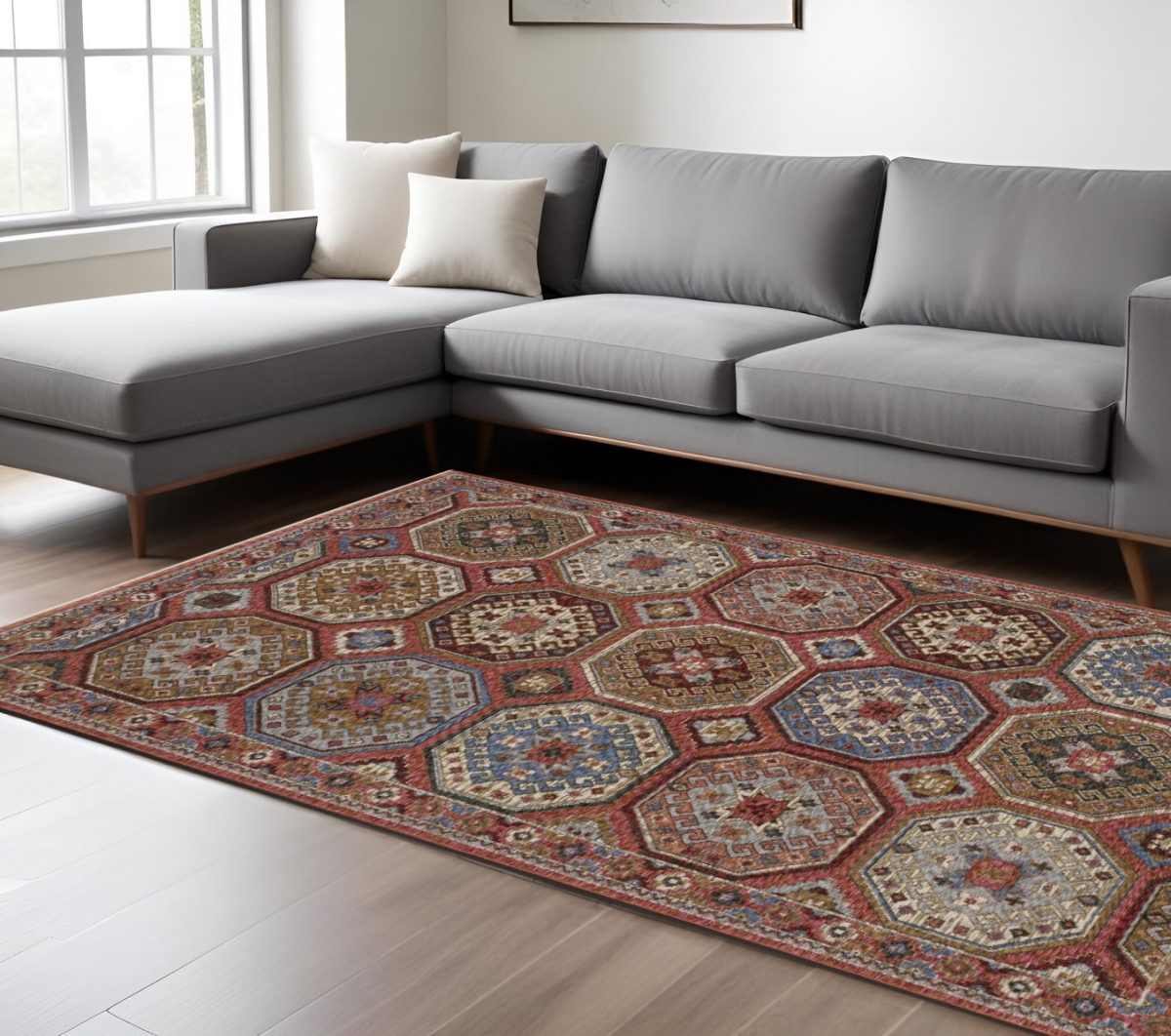 574971 10 x 13 ft. Medallion Rectangle Area Rug with Fringe, Pink & Red