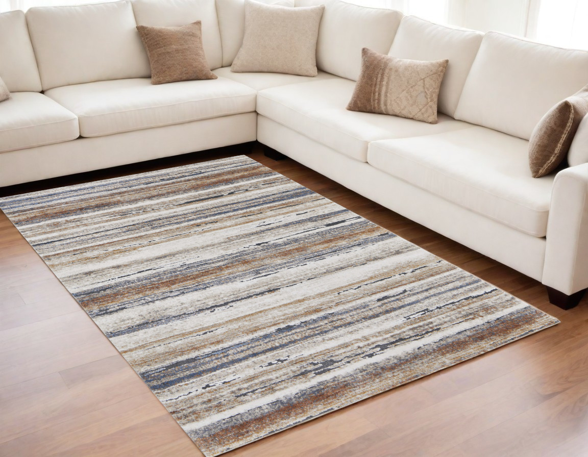 567233 5 x 8 ft. Striped Power Loom Rectangle Area Rug, Ivory, Blue & Brown