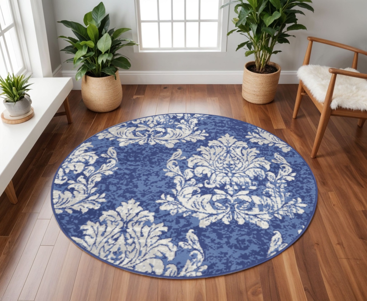 552312 8 ft. Damask Distressed Round Rug, Navy Blue & Ivory