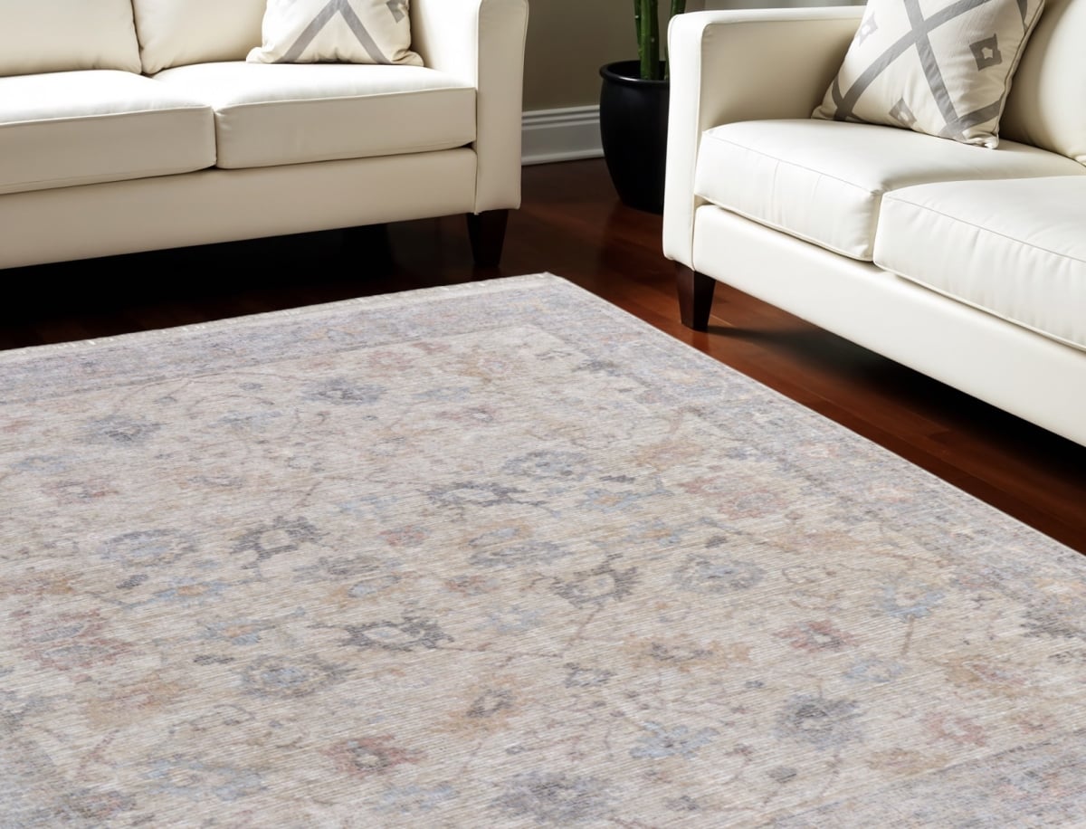 566213 9 x 12 ft. Ivory Tan & Blue Floral Hand Woven Distressed Rectangle Area Rug with Fringe